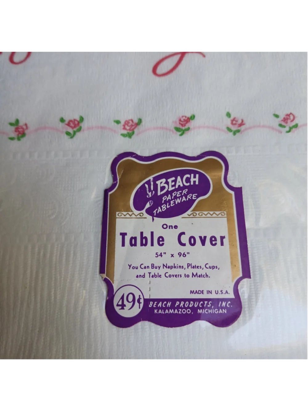 Vtg NOS Happy Birthday W/roses Paper Table Cover 54x96 Beach Kalamazoo, MI